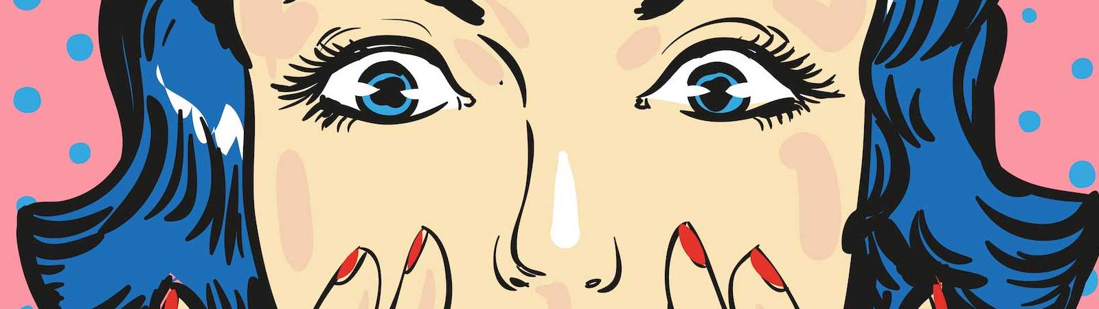 Pop art of blue haired woman making a shocked or gasping expression