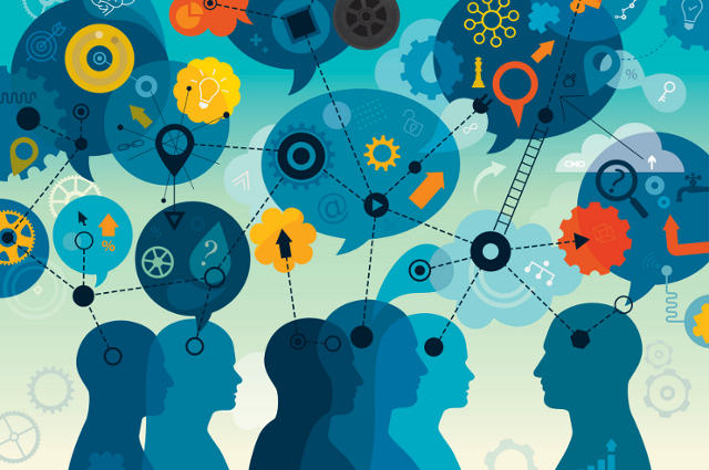 A gathering of people with cartoon thought bubbles showing gears for thinking and lines for connection and collaboration